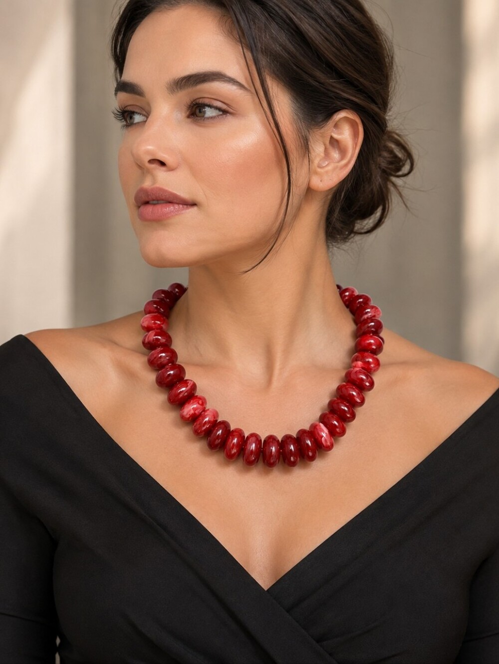 MAYAMAR Dark Red Agate Oval Pebble Bead Necklace 18K Gold Plated